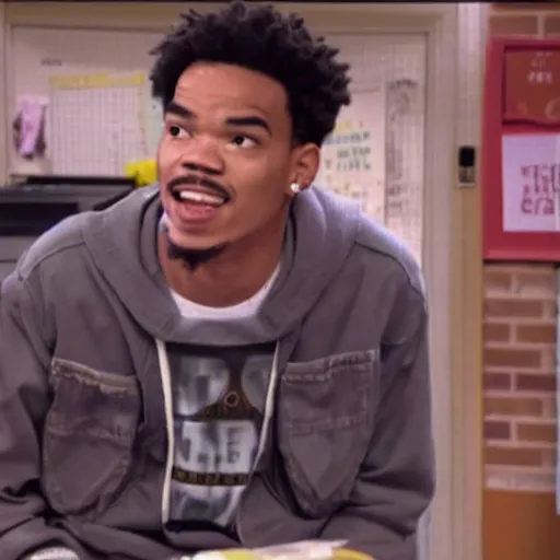 Image similar to a tv still of Chance The Rapper starring as a black college student at Jones College Prep in a 1993 sitcom