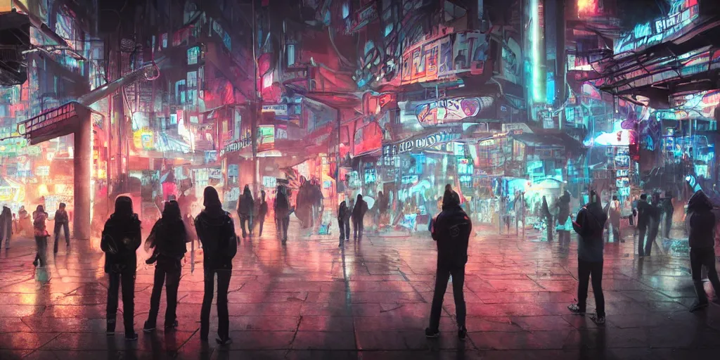 Image similar to teenagers with tech clothing and hoods and futuristic gas masks painting graffitis about chess pawns on the walls of a dystopian city, neon lights, sci - fi, night lights, rain and haze, concept art, intricate, photorealistic, in the style of katsuhiro otomo, akira, octane render, rtx, hdr, unreal engine