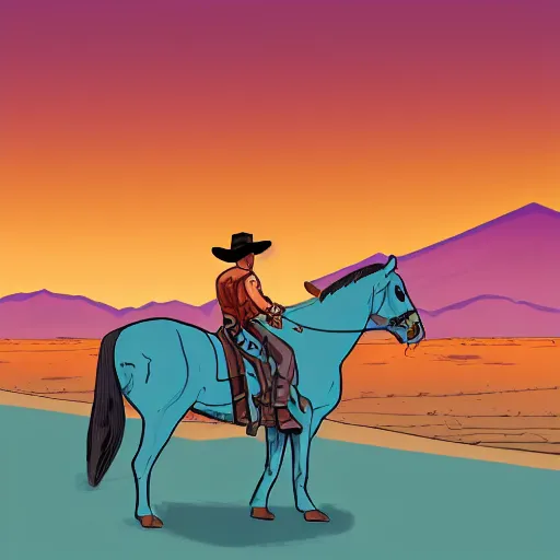 Prompt: cowboy on the range, beautiful New Mexico landscape, Art Deco, pulp noir, animated series, cel-shading, toon shading, unity, 8k, 4k, by Radomski