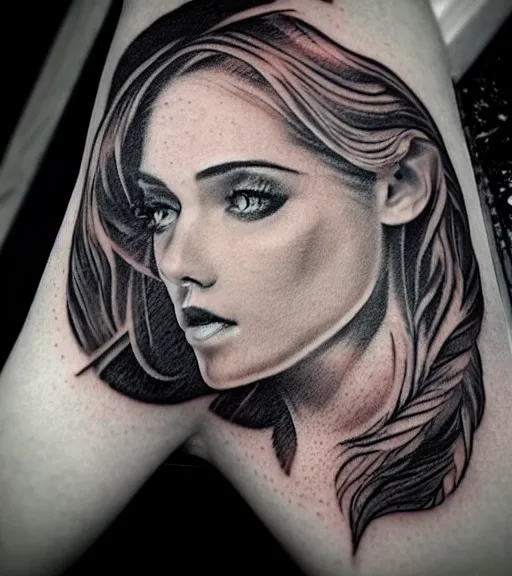 Image similar to tattoo design sketch of an extremely beautiful woman face with a faded background of stunning mountain view on her side, hyper - realistic, in the style of matteo pasqualin, amazing detail, black and white, faded