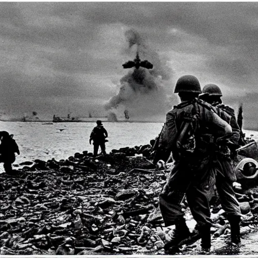 Prompt: photo of d-day, world war 2, Godzilla in distance, war, cinematic, gritty, grainy