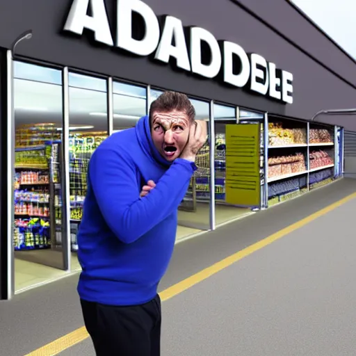 Image similar to a man terrified of entering an aldi supermarket, photo realistic