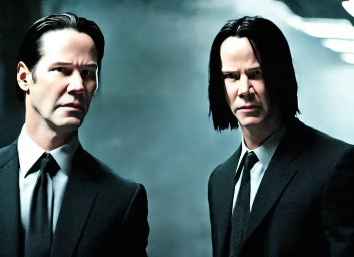 Image similar to film still of keanu reeves as agent smith in the new matrix movie, 4 k