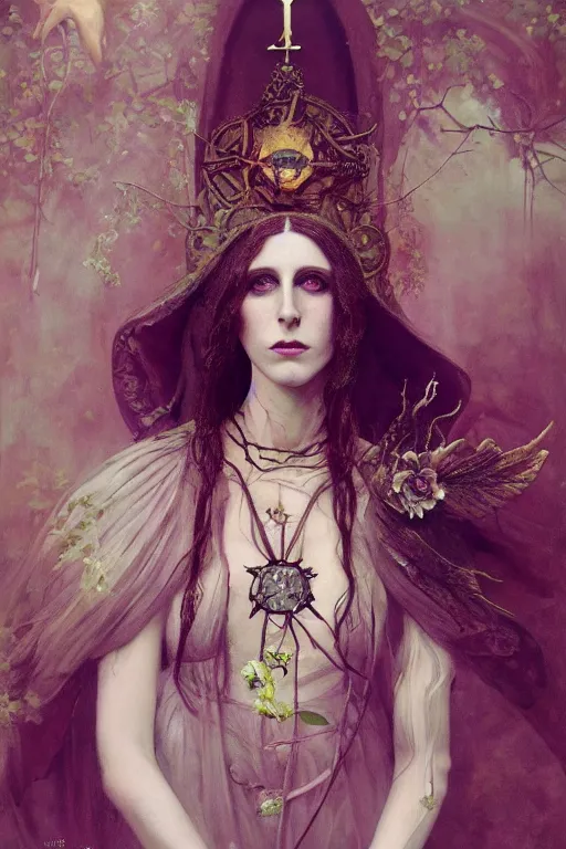 Prompt: portrait of a medieval priestess chelsea wolfe, goth, floral flowers, radiant colors, tarot, surreal, a flemish baroque by alexander mcqueen, art by john collier by greg rutkowski and craig mullins, oil on canvas