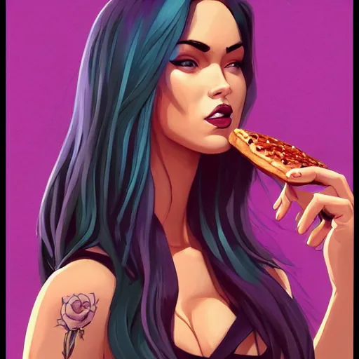 Prompt: beautiful Megan Fox purple hair tattoos eating a big mac hamburger, full body fantasy art icon, 2d art gta5 cover, dripping BBQ Sauce, serving burgers, official fanart behance hd artstation by Jesper Ejsing, by RHADS, Makoto Shinkai and Lois van baarle, ilya kuvshinov, rossdraws