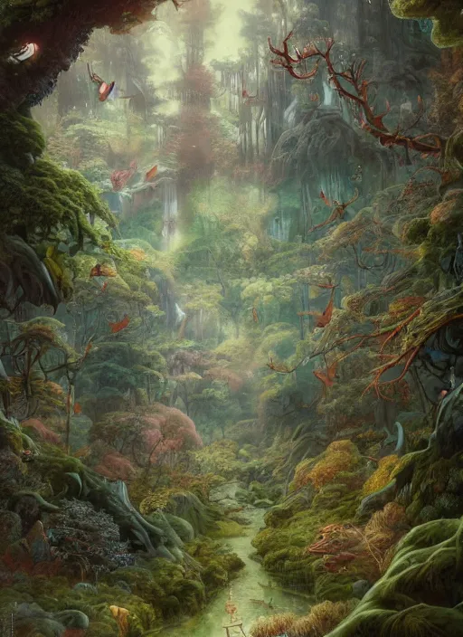 Prompt: magical fantasy forest by james jean, hiroshi yoshida, brian froud, highly detailed matte painting, 8 k, hd