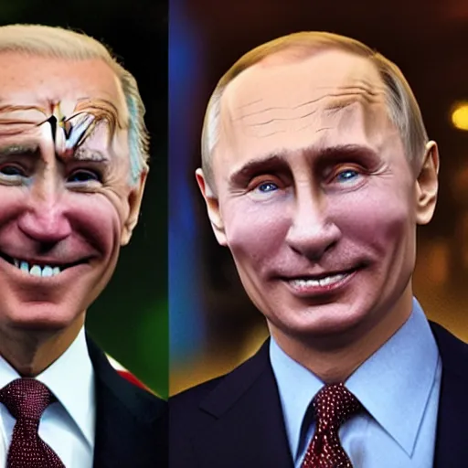 Image similar to clowns joe biden and jokers vladimir putin smiling wildly nuclear weapons in the background