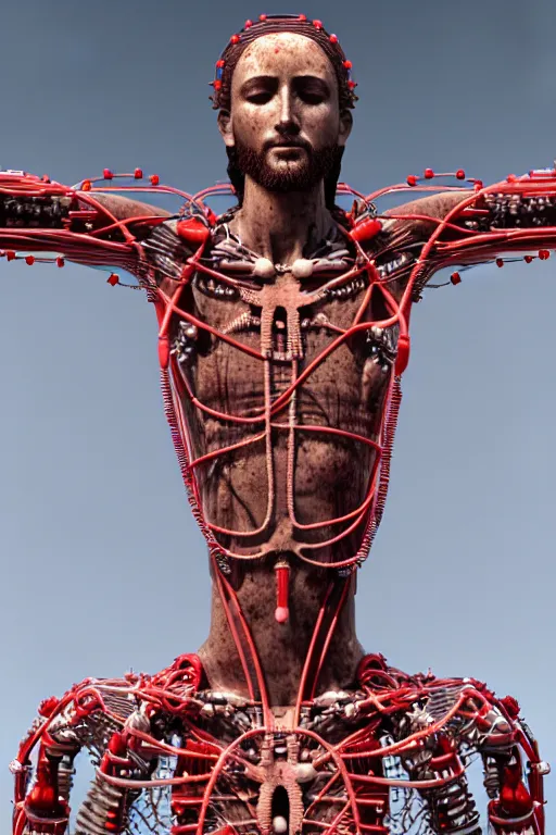 Prompt: a statue jesus on cross made of red marble with wires, tubes, veins, flowers, birds, perfect symmetrical body, full body shot, inflateble shapes, white biomechanicaldetails, wearing epic bionic cyborg implants, masterpiece, intricate, biopunk, vogue, highly detailed, artstation, concept art, cyberpunk, octane render