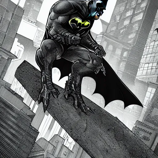 Image similar to batman sitting on a stone gargoyle looking down on gotham, comic book, illustration, night, mysterious, cinematic, hyperdetailed, artstation trending