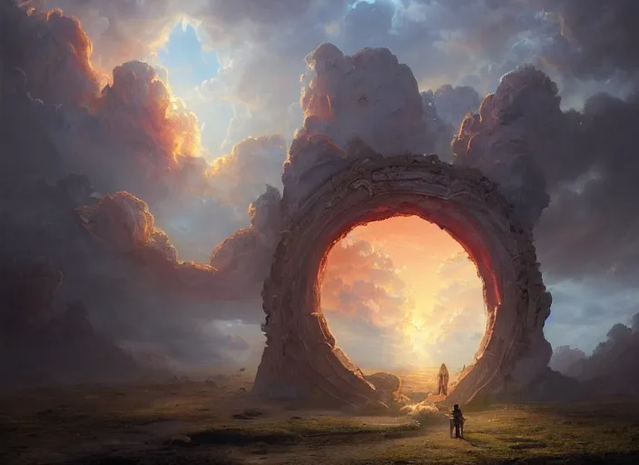 Image similar to A crackling portal to hell opening in an idyllic heavenly sky, a fantasy digital painting by Greg Rutkowski and James Gurney, trending on Artstation, highly detailed