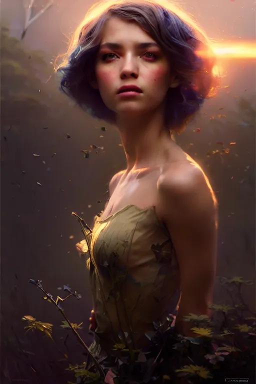 Image similar to cinematic shot of an epic portrait of a fairy dressed in military clothes, shiny skin, beautiful eyes, beautiful, small details, night setting, realistic poster with volumetric light from craig mallism, artgerm, jeremy lipkin and michael garmash, unreal engine, radiant light, detailed and complex environment, digital art, trends at art station, a masterpiece