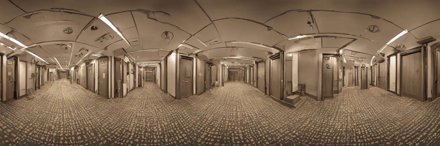 Prompt: theatre access corridor background, 3 doors, fish eye, color, vibrant, by chobani