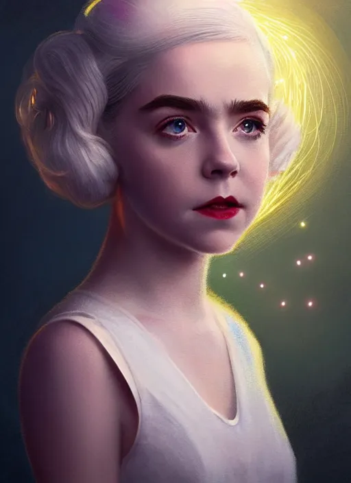 Image similar to portrait of kiernan shipka as sabrina spellman, white hair, 1 9 6 0 s hairstyle, hairband, intricate, elegant, glowing lights, highly detailed, digital painting, artstation, concept art, smooth, sharp focus, illustration, art by wlop, mars ravelo and greg rutkowski