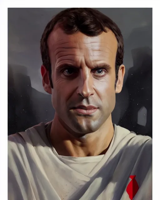 Prompt: painting portrait of Emmanuel Macron dressed as Arcann in Star Wars, sharp focus, waist up, trending on ArtStation, masterpiece, by Greg Rutkowski, by Ross Tran, by Fenghua Zhong, octane, clear eyes, soft render, clear facial features, oil on canvas, moody lighting, cinematic, professional environment concept art