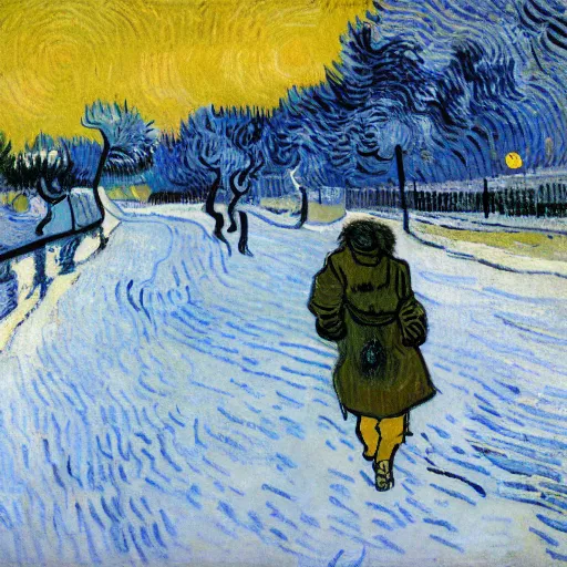 Image similar to a boy with colored dread hair walking in snow, 6 : 3 0 am, painted by van gogh