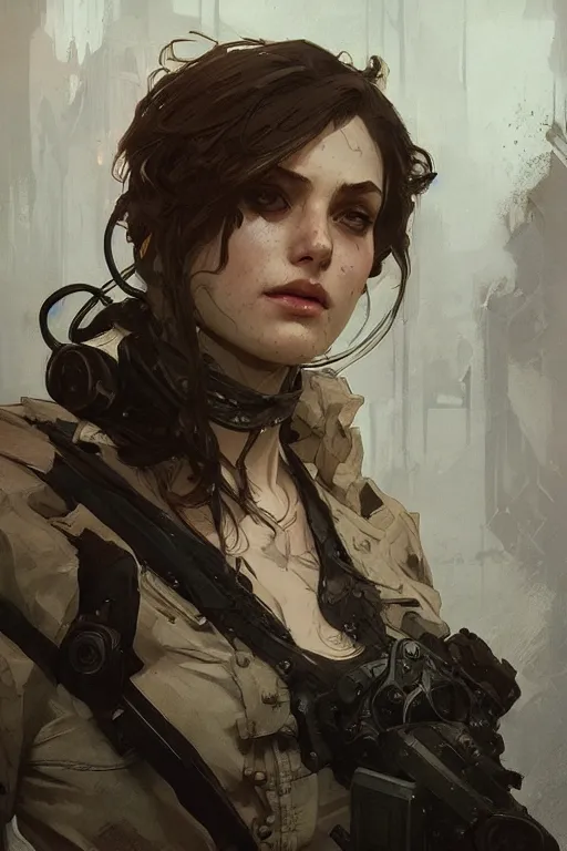 Prompt: A full portrait of a beautiful post apocalyptic interrogator, intricate, elegant, highly detailed, digital painting, artstation, concept art, smooth, sharp focus, illustration, art by Krenz Cushart and Artem Demura and alphonse mucha