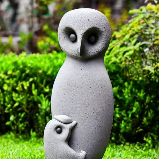 Prompt: concrete modern art garden statue of an owl dressed as a monk. the owl is holding a baby alpaca