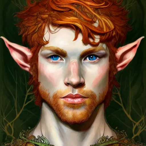 Image similar to portrait painting of an elven young man with short ginger hair and tree tattoos on his cheeks wearing fur armor, sharp focus, award - winning, trending on artstation, masterpiece, highly detailed, intricate. art by rebecca guay