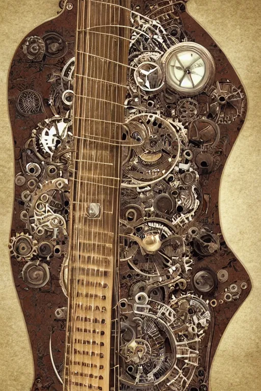 Image similar to an artistic representation of a fretboard, steampunk, intricate details