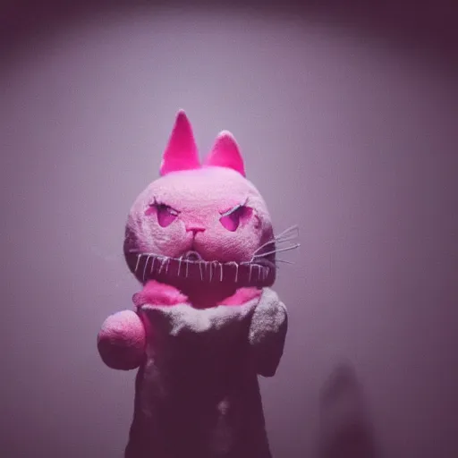 Prompt: pink kitty stuffed animal in foggy tendril of horror, haunted house, scary, sharp and visual, cinematic, 4k,