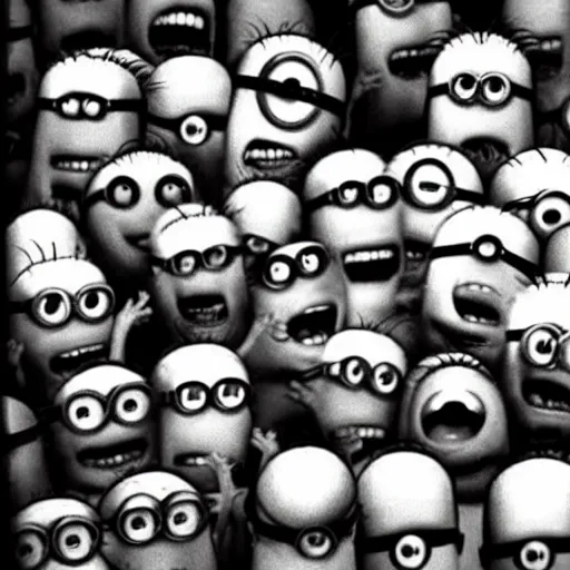 Image similar to Minions living in an insane asylum, creepy photo, minions screaming, nightmare, grainy, lost photo