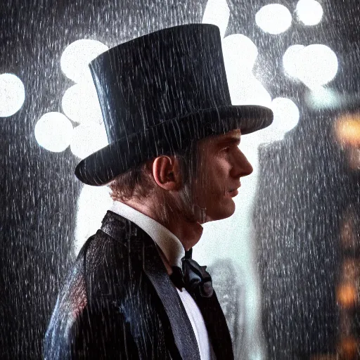 Image similar to cinestill 5 0 d candid photographic portrait by david cronenberg of baroque steampunk cyborg gentleman wearing an edwardian suit and top hat, modern cyberpunk moody emotional cinematic, closeup, pouring rain menacing lights shadows, 8 k, hd, high resolution, 3 5 mm, f / 3 2, ultra realistic faces, ex machina