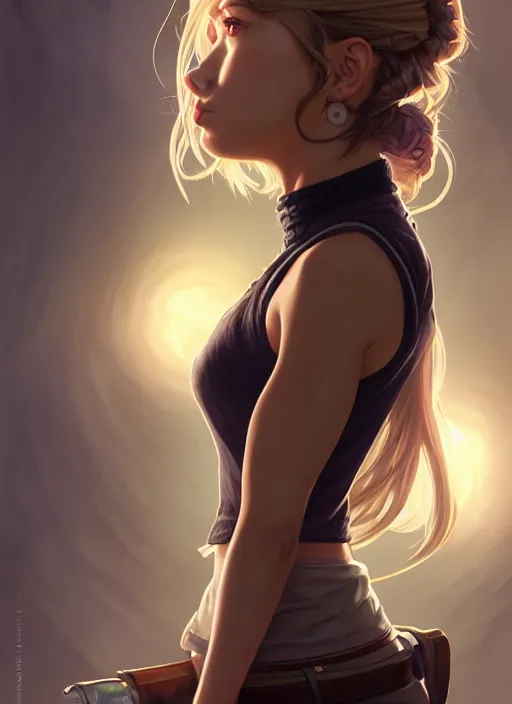 Image similar to portrait of a full body of beautiful young female detective, d & d, sleeveless turtleneck, fantasy, flat lighting, intricate, highly detailed, digital painting, artstation, concept art, smooth, sharp focus, illustration, misa amane, art by simon bisley and greg rutkowski and alphonse mucha, natural tpose