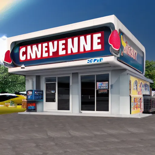Image similar to the outside of a convenience store located on an asteroid in space