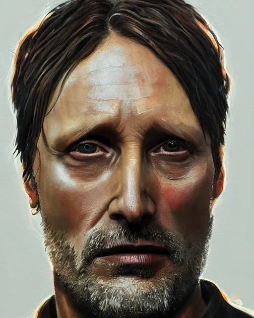 Image similar to mads mikkelson as clifford unger from death stranding, tears of tar, mysterious portrait, oil painting, orange fill light