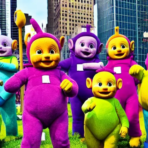 Image similar to teletubbies as bank robbers in new york city, 4k, high detail, high-resolution photograph, professional photography, ultra-detail