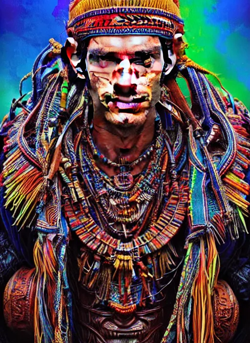 Image similar to portrait of andrew garfield, hyper detailed ultra sharp aztec shaman warrior. trending on artstation, warpaint aesthetic, bloodwave, colorful, psychedelic, ornate, intricate, digital painting, concept art, smooth, sharp focus, illustration, art by artgerm and greg rutkowski and h. r. giger, 8 k