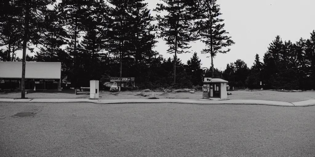 Prompt: a lonely port byron travel plaza in the middle of no where, sunset, eerie vibe, leica, 2 4 mm lens, 3 5 mm kodak film, directed by charlie kaufman, f / 2 2, anamorphic