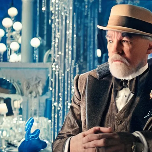 Image similar to a film still of papa smurf in the great gatsby ( 2 0 1 3 ), cinematography by baz luhrmann, hd