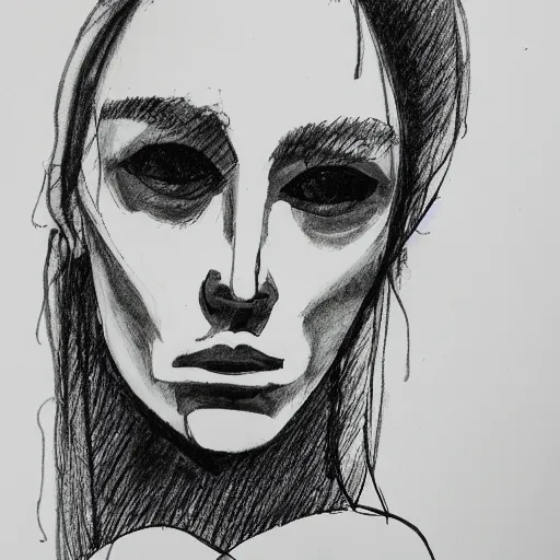Image similar to portrait of dazed model facing slightly right, black ink on paper