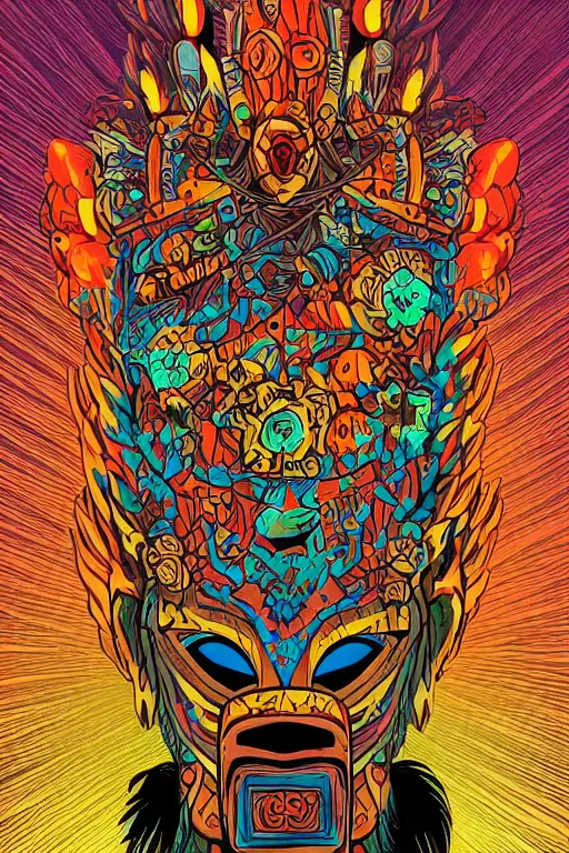 Image similar to animal mask totem roots flower tribal feather gemstone plant wood rock shaman vodoo video game vector cutout illustration vivid multicolor borderlands comics by josan gonzales and dan mumford radiating a glowing aura