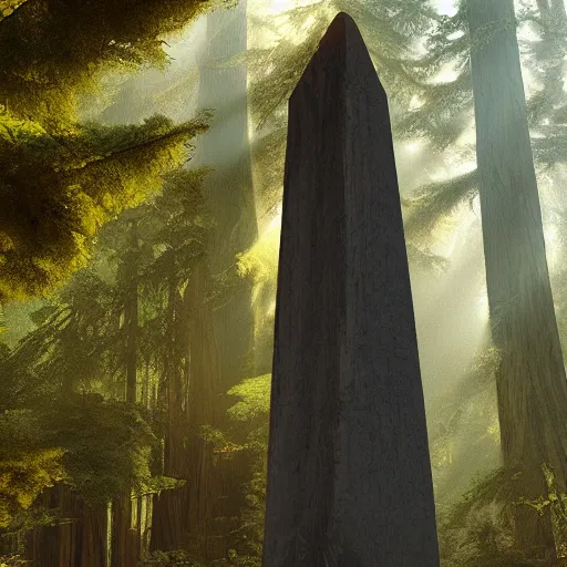 Image similar to obelisk in a redwood forest, sunlit, octane render, matte, greg rutkowski, highly detailed, hdr