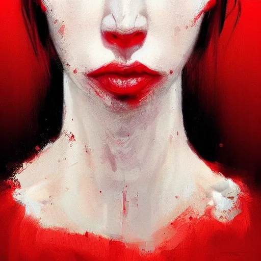 Image similar to A masterpiece portrait of a Female version of Patric Bateman from American Psycho. Red drops on face. medium shot, intricate, elegant, highly detailed. trending on artstation, digital art, by Stanley Artgerm Lau, WLOP, Rossdraws, James Jean, Andrei Riabovitchev, Marc Simonetti, Yoshitaka Amano