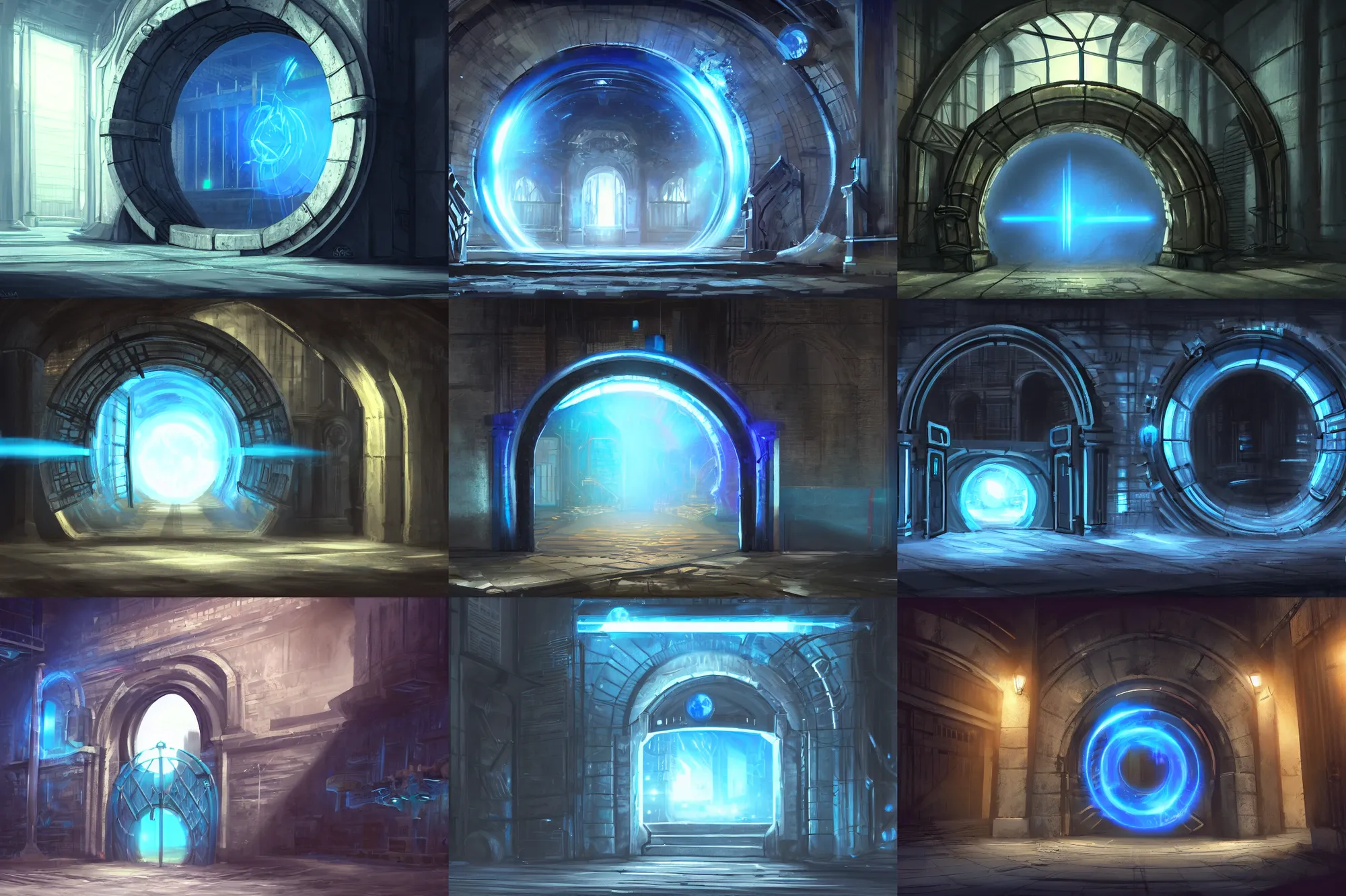 Prompt: circular gate in the middle of a huge dark warehouse, blue glowing portal contained within the gate, concept art, postapocaliptic game, artstation