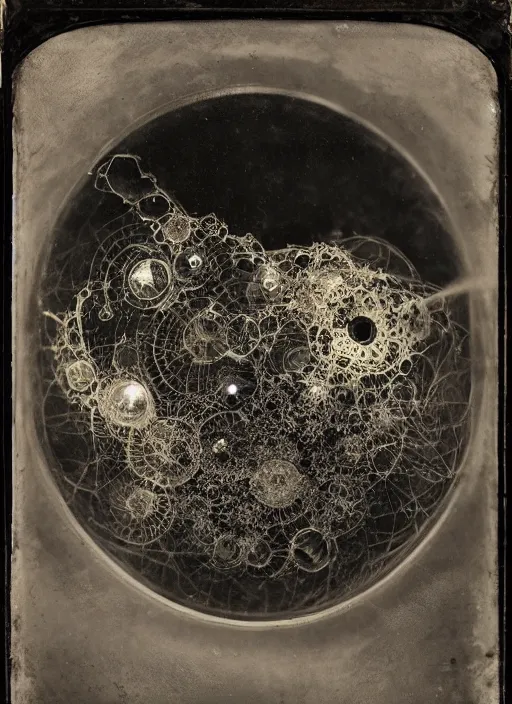 Image similar to old wetplate daguerreotype portrait of the imploding universe, explosion of data fragments, fractal, intricate, elegant, highly detailed, parallax, leica, medium format, subsurface scattering, by jheronimus bosch and greg rutkowski and louis jacques mande daguerre