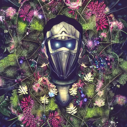 Image similar to a male knight, stern face, clear eyes, in a dark forest, shining armour made of steel and flowers, and fractal flowery hair in a fractal garden, glowing delicate flower, berries and ferns that grow in a dark fantasy forest, full frame,