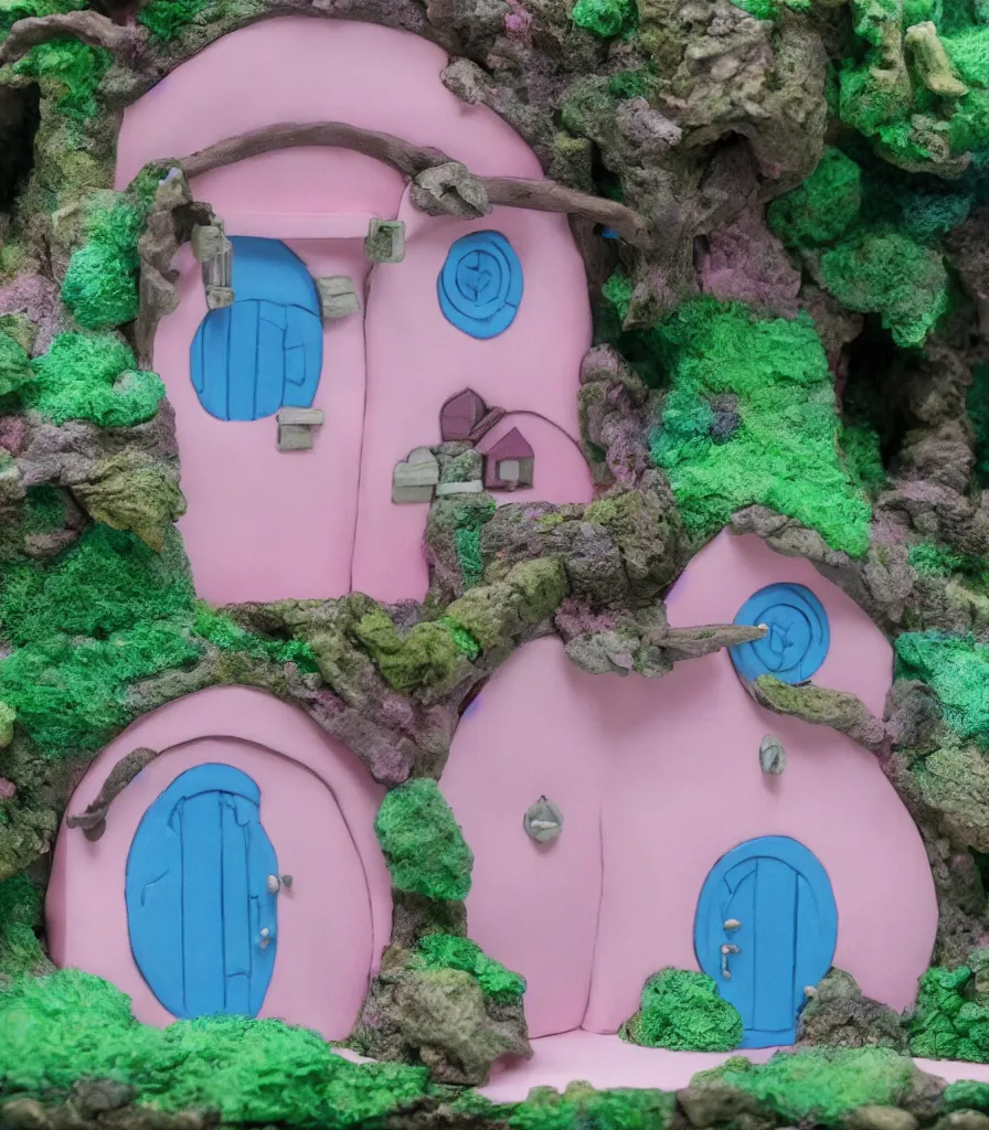 Image similar to a small pink and blue studio ghibli hobbit house, minimal details, realistic windows, 3 5 mm photography