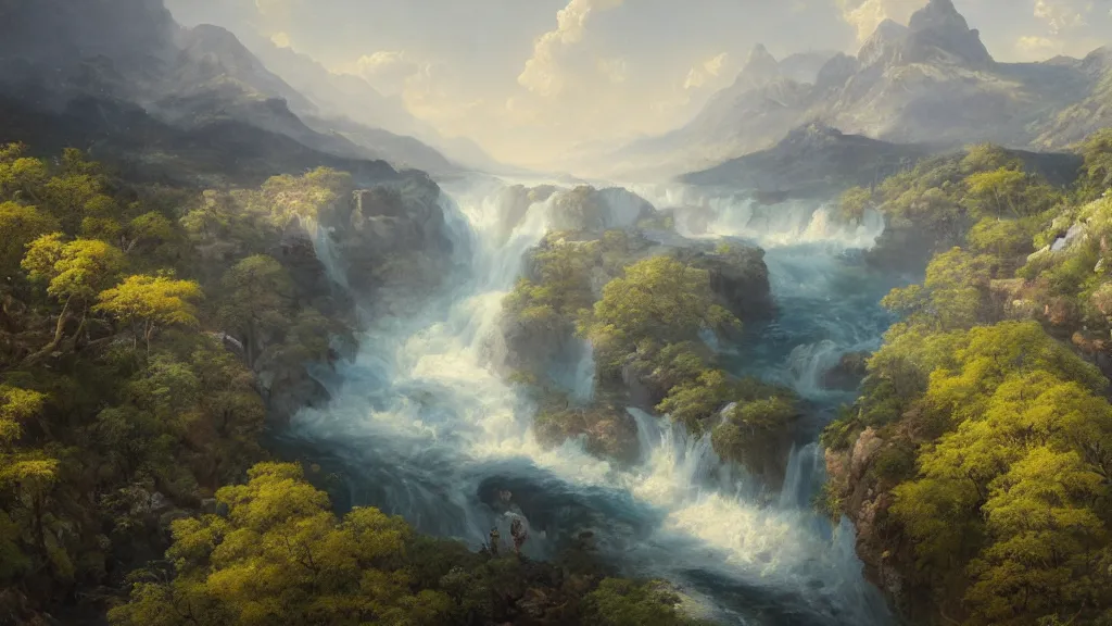 Prompt: The most beautiful panoramic landscape, oil painting, where a giant dreamy waterfall creates a river, the trees around are starting to bloom in a variety of colors, by Greg Rutkowski, aerial view