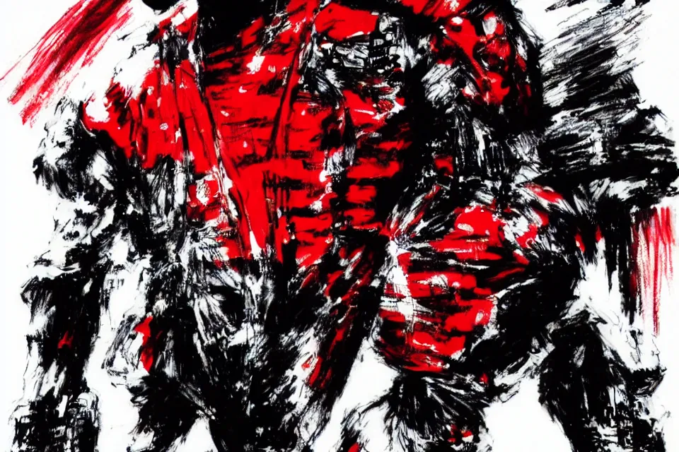 Image similar to a full - body portrait of kaneda from akira in a red jacket, in yoji shinkawa's art style, metal gear solid art style highly detailed, 4 k, artistic, white background, b & w