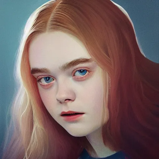 Prompt: a striking hyper real illustration of Elle Fanning by Antoine Caëcke