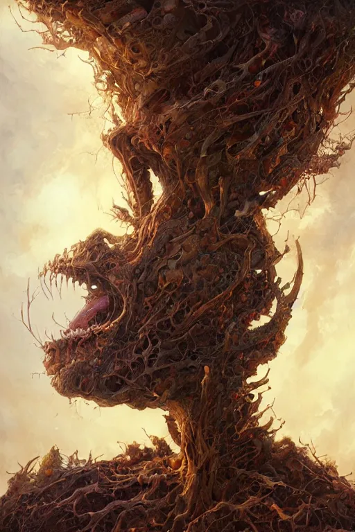 Image similar to portrait of tree devil by Peter Mohrbacher and Peter Gric, volumetric lighting, good composition, trending on artstation, polarizer filter, in the golden hour