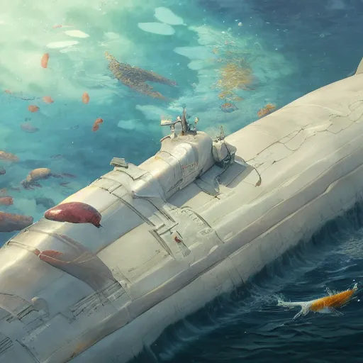 Image similar to subsurface scattering, white, giant submarine, koi colors, koi not present, octane render, jesper ejsing, justin gerard, james jean, tomasz alen kopera, cgsociety, fenghua zhong, makoto shinkai, highly detailed, rim light, art, cinematic lighting, very coherent, hyper realism, 8 k