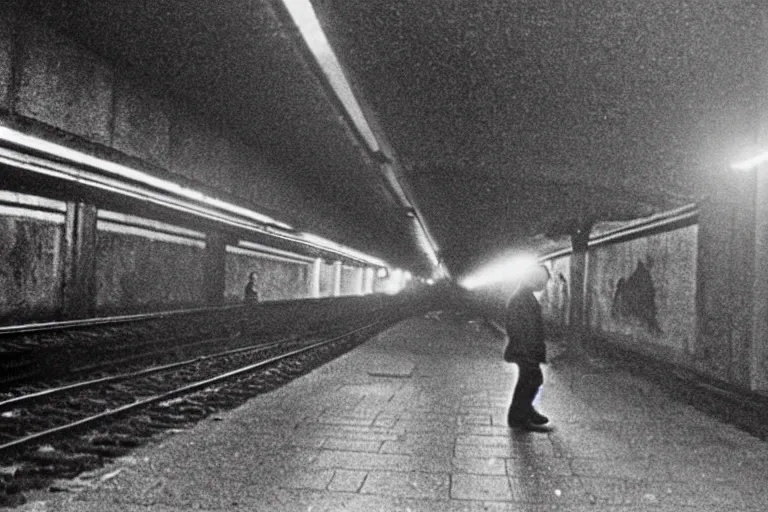 Prompt: photo from 1 9 6 5. very large giant mutant zombie irradiated ( angry rat ) staying on railways in tonnel of moscow subway. extreme high detail, very realistic. extreme long shot, low dark light, scary mood, anish kapoor, herman nitsch.