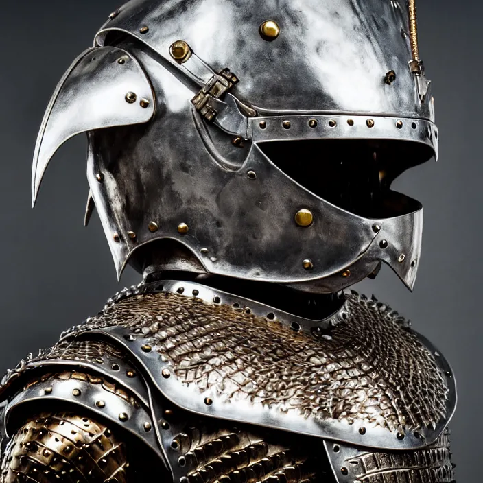 Prompt: photo of a man with metal crocodile themed armour and helmet, highly detailed, 4 k, hdr, smooth, sharp focus, high resolution, award - winning photo