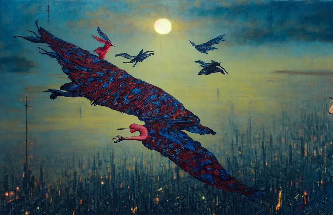 Image similar to realistic detailed portrait movie shot of a birdman flying in dark ragged robes, futuristic city sunset landscape background by denis villeneuve, amano, yves tanguy, alphonse mucha, ernst haeckel, max ernst, wayne barlowe, masterpiece, rich moody colours, bird head, blue eyes, hyperdetailed