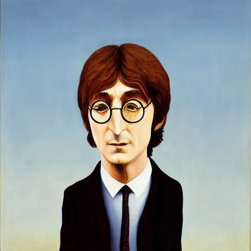 Prompt: painting of john lennon as harry potter by rene magritte, hd, 4 k, detailed, award winning